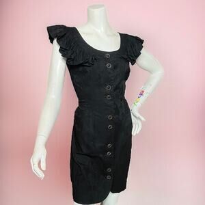VINTAGE 80s Leslie Lucks Little Black Ruffle Dress Size 6 Goth Glam Floral